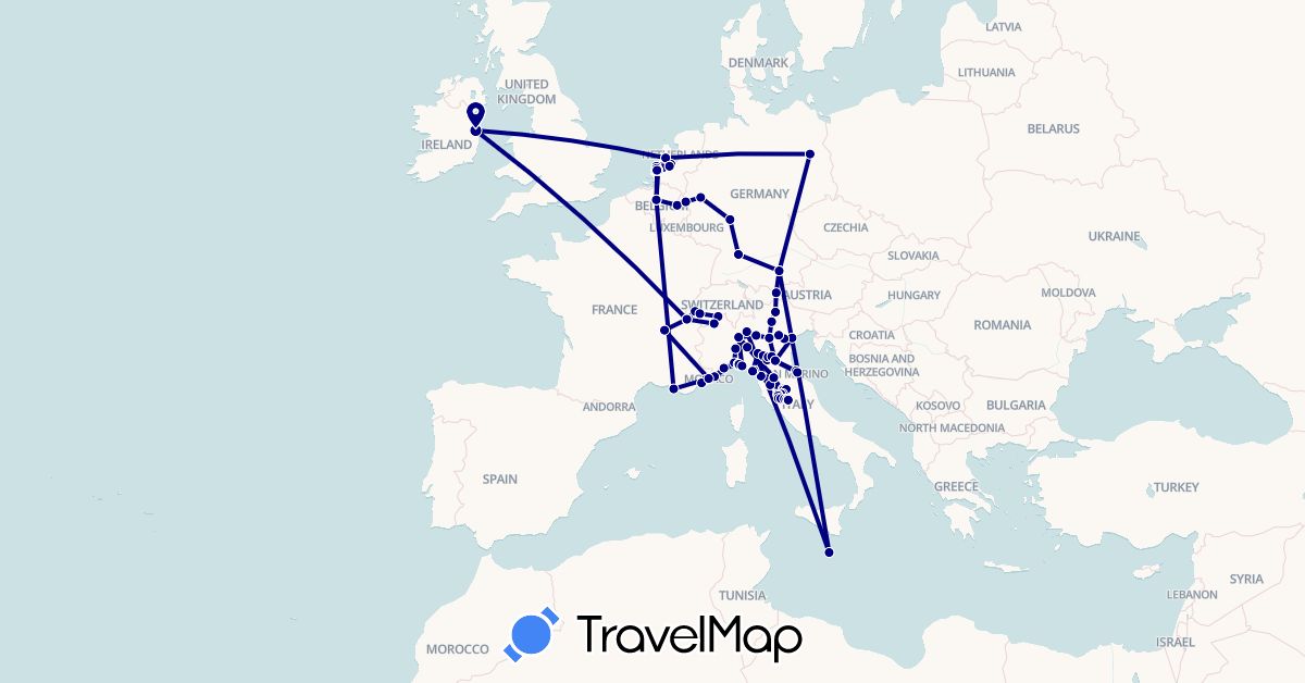 TravelMap itinerary: driving in Austria, Belgium, Switzerland, Germany, France, Ireland, Italy, Monaco, Malta, Netherlands (Europe)